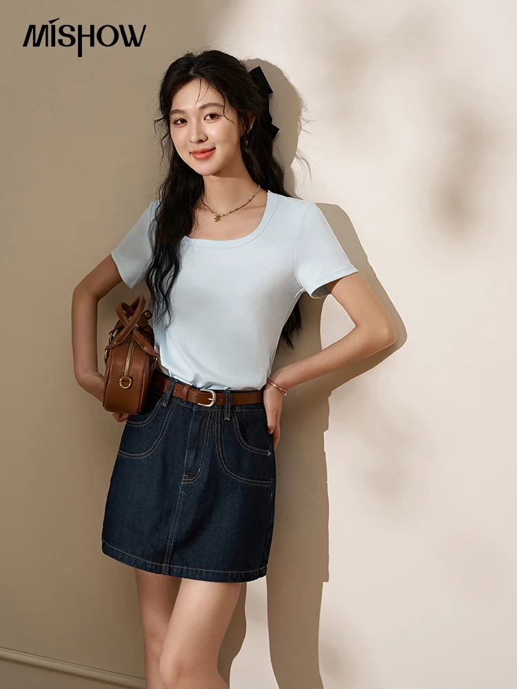 MISHOW Multi Color Square Neck Tees Short Sleeve Solid Color T-shirt for Women 2024 Spring/summer Basic Versatile Top MXC12T0641