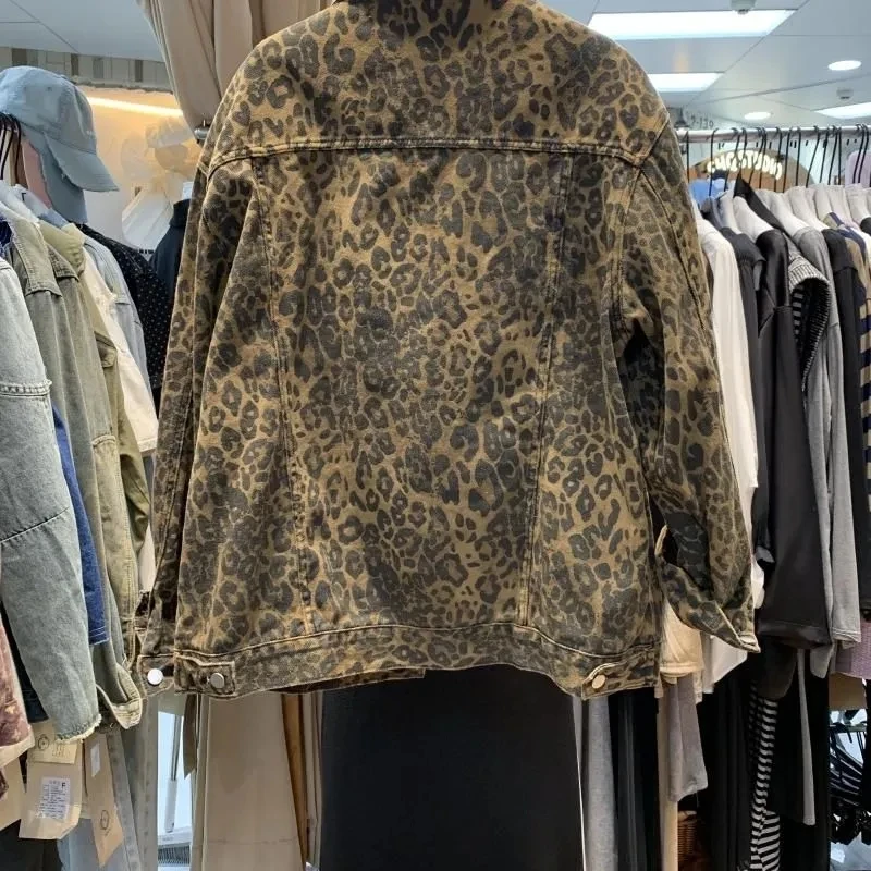 American Retro Spice Leopard Print Jacket Denim Single-Breasted Coat Autumn New Loose Comfortable Joker Top women's Fashion Coat