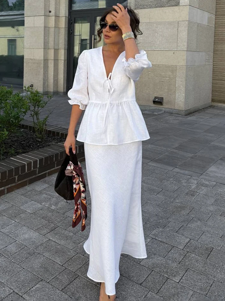 

Ticketsx Ruffled Skirt Set Women's V Neck Lace Up Short Puff Sleeve Top Pleated Skirt Set Female Summer Casual Loose Skirt Sets