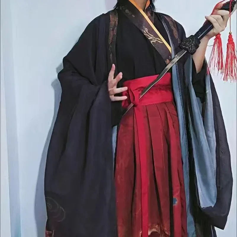 Conjunto de Hanfu chino para hombre y mujer, traje de Cosplay con estampado tradicional antiguo, color rojo y negro, talla grande XL