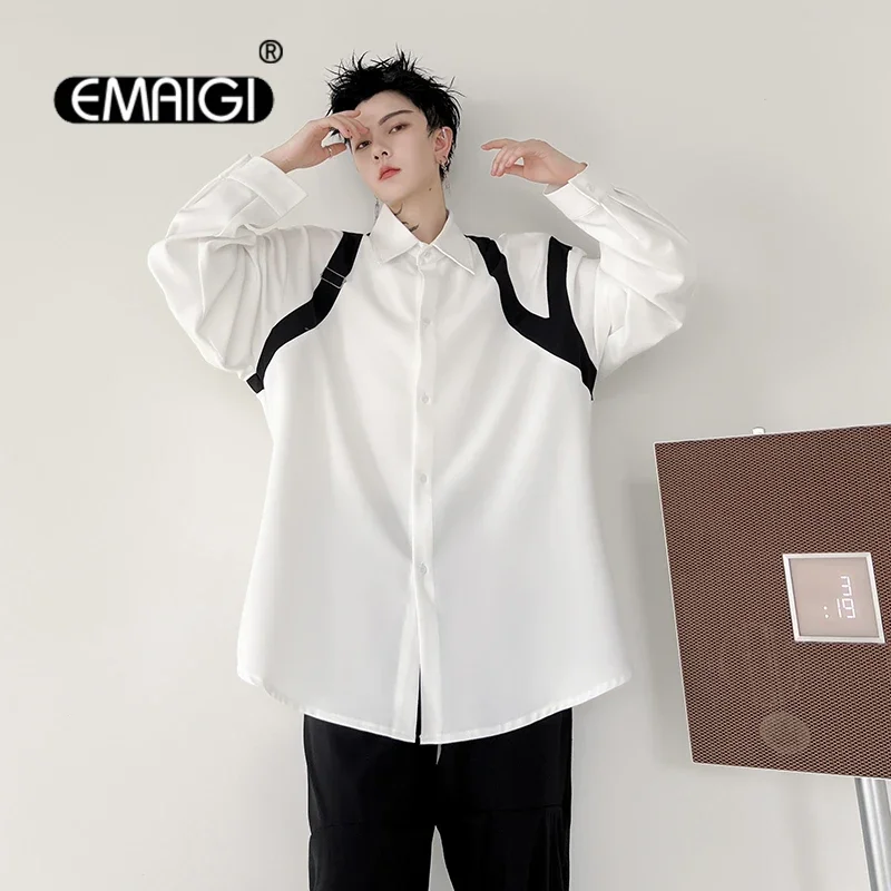 Black White Splice Shirt Men Net Celebrity Streetwear Fashion Show Loose Casual Long Sleeve Shirt Blouses Male Stage Clothing