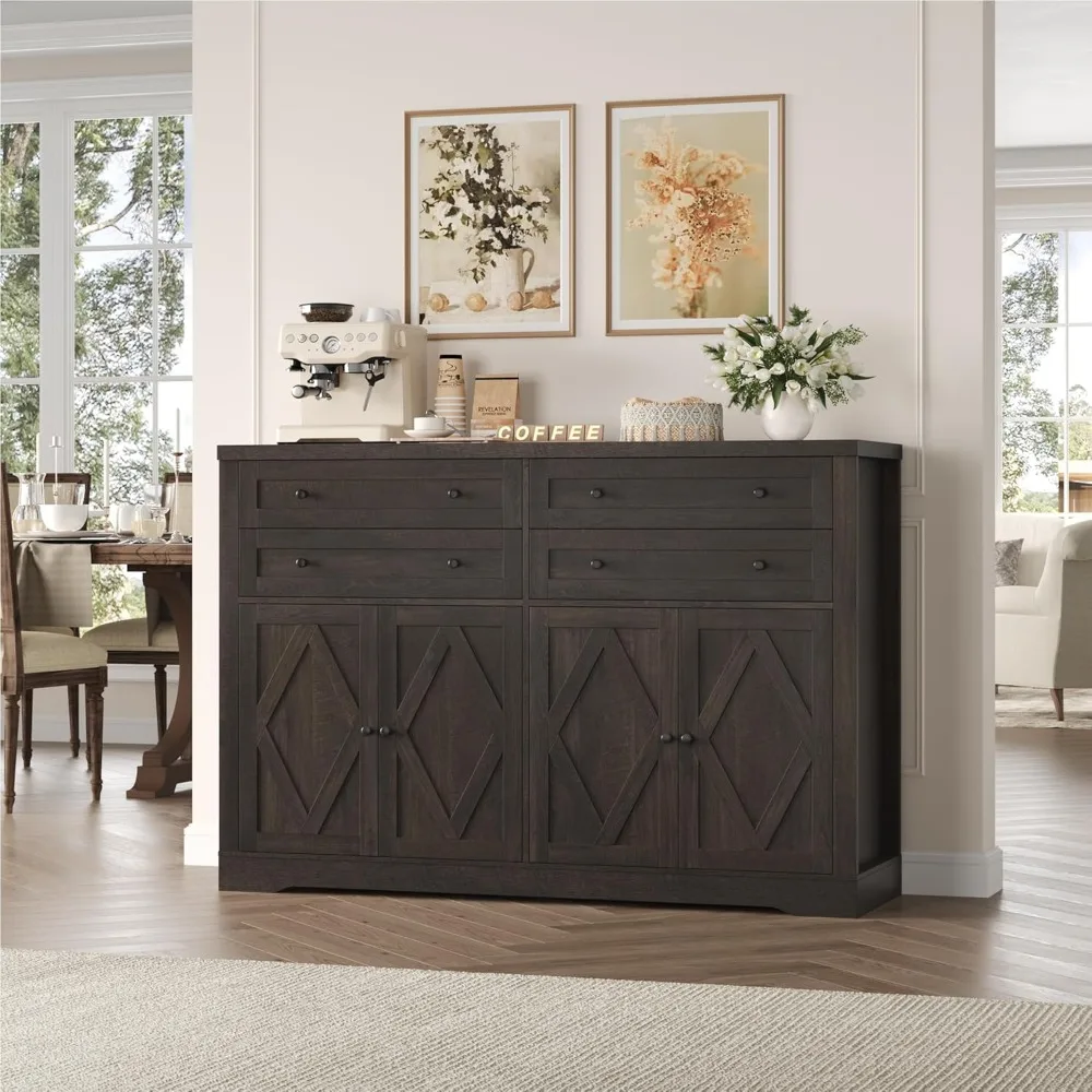 

55" Coffee Bar with 4 Large Drawers, 40" Tall Buffet Cabinet with Storage, Kitchen Storage Cabinet, Modern Farmhouse Sid