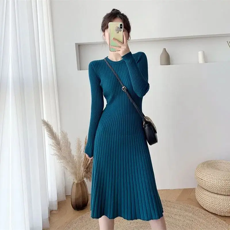 여성용 라운드넥 긴팔 니트 원피스, 하이 스트리트 스트라이프 드레스, 빈티지, 우아하고 시크한 베스티도, 용수철 가을 신상 패션
