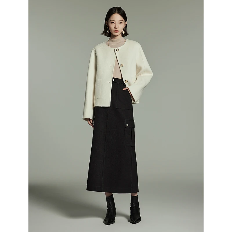 Toyouth Women Imitation Woolen Skirt 2023 Winter High Waist H-shaped Loose Multiple Pockets Fashion Warm Black Mid-length Skirt