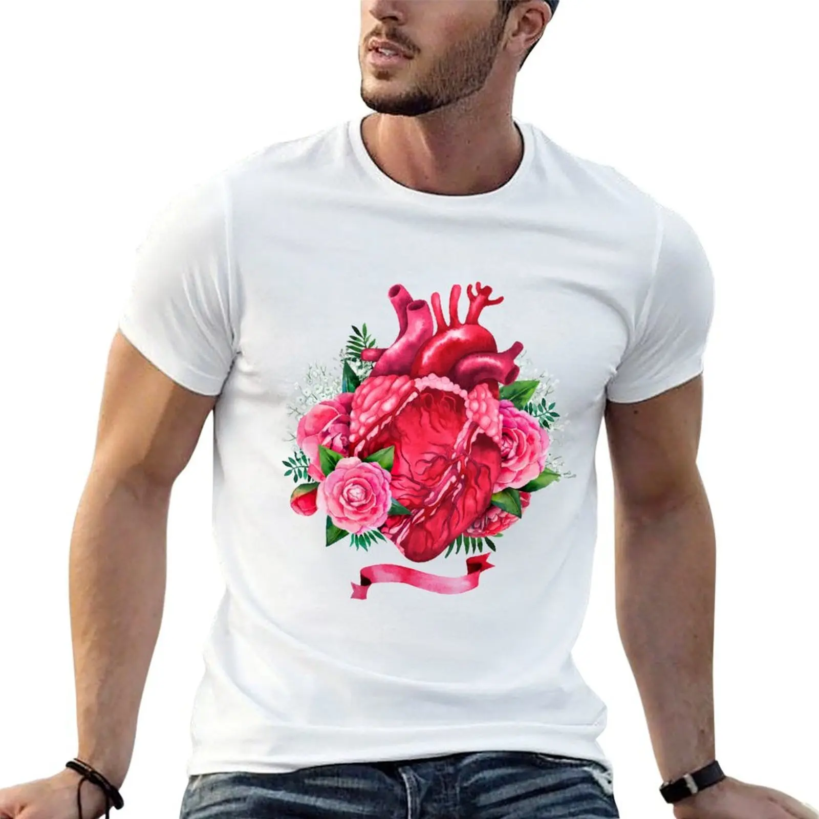 

Watercolor heart with floral design T-Shirt anime t shirts oversize cotton tshirt 100% man t shirts graphic T-shirt