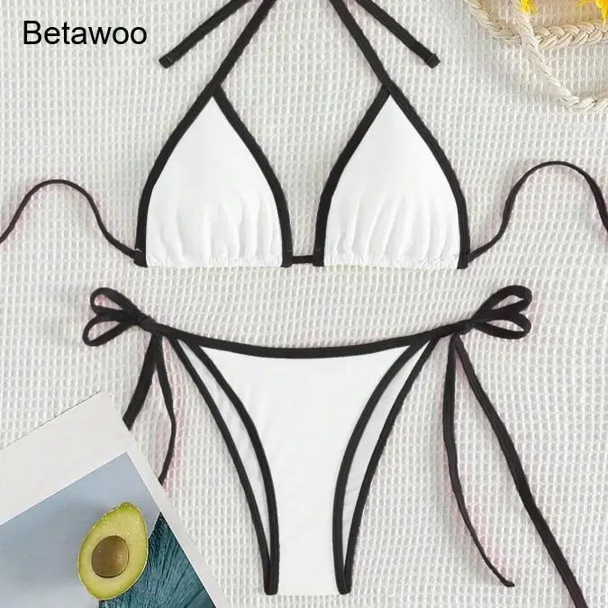 

Women White Bikini with Black Trim Halter Triangle Top Tie Side Bottom 2 Piece Swimsuit