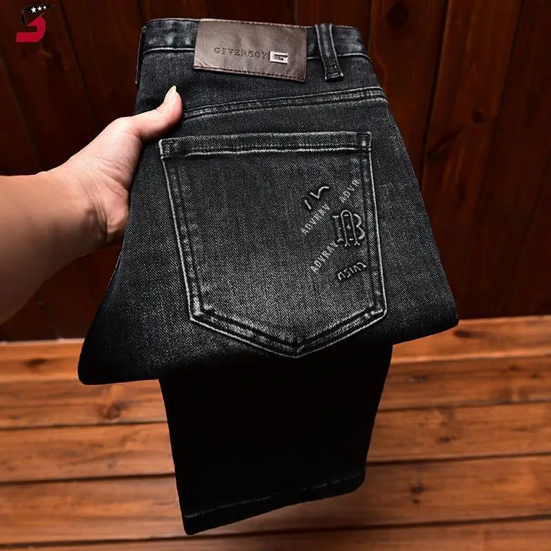 

High-end Trendy Men's Jeans Fashion Printed Loose Straight Casual Stretch Black Gray Long Pants