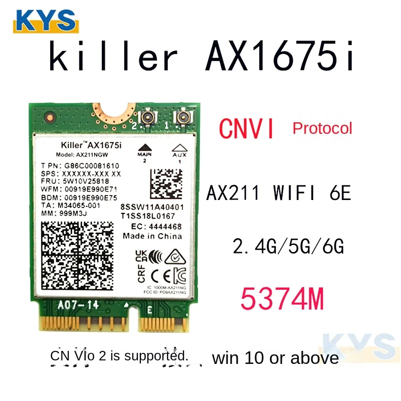 Killer AX1675i Wi-Fi 6E M.2 Key E CNVio 2 Tri Band 2.4G/5G/6Ghz Wireless Network Card AX211 For Bluetooth 5.2 Support Windows 10