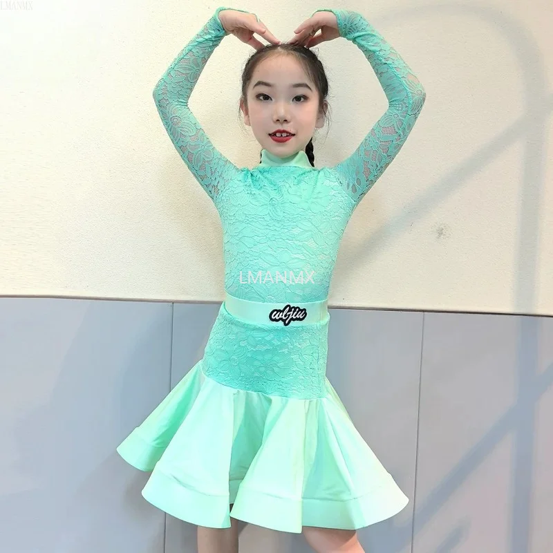 New style girls' Latin dance lace high-neck long-sleeved wide-skirt dress professional competition children's performance attire