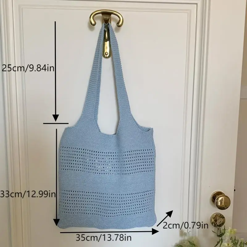 حقيبة تسوق الكورية موضة بسيطة الحياكة حقيبة كتف سعة كبيرة جوفاء حقيبة تسوق منسوجة الصيف السفر حقائب الشاطئ الهدايا #5