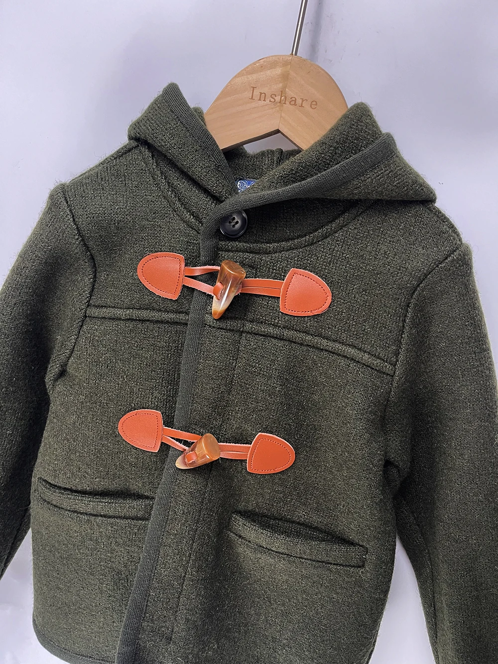 Boys Coat Woolen Winter Greenish Brown Hooded Jacket With Horn Buttons Warm Christmas Eid Clothing British Royal Style For 2T-8T