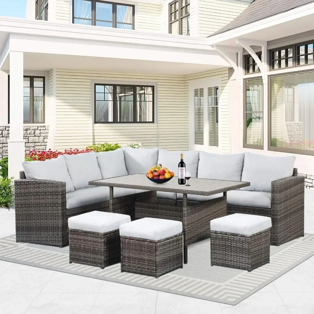 

7 Piece Patio Furniture Set, All Weather Wicker Patio Conversation Sets with Cushion Seat & Pillows, Outdoor Dining Set