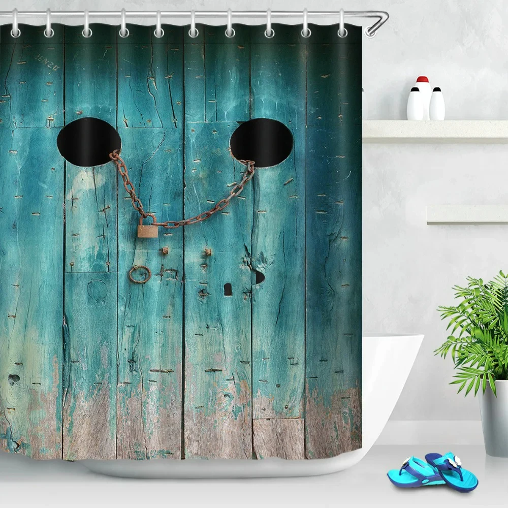 Farmhouse Decorative Wooden Door Shower Curtain Retro Rustic Barn Wood Door Europe Western Country Home Decor Bath Curtain Hooks