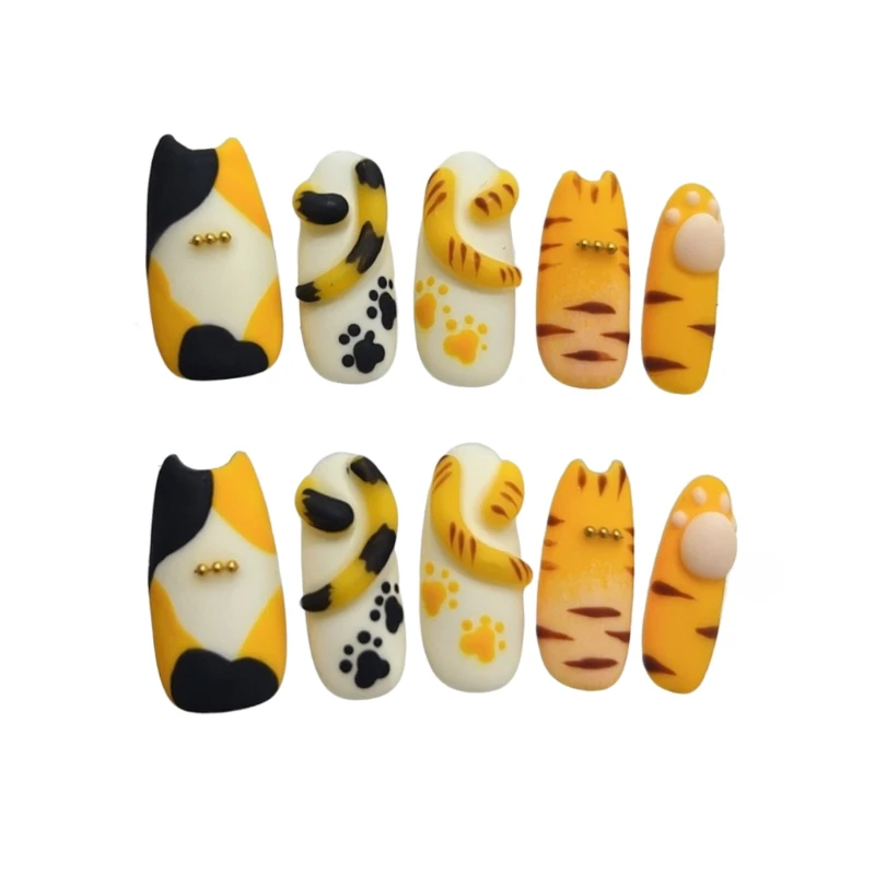 10 stuks Japanse stijl schattige drie bloemen kat handgemaakte pers op nagels tijgervlek 3D staartpoot kunst nepnagels verwijderbaar herbruikbaar