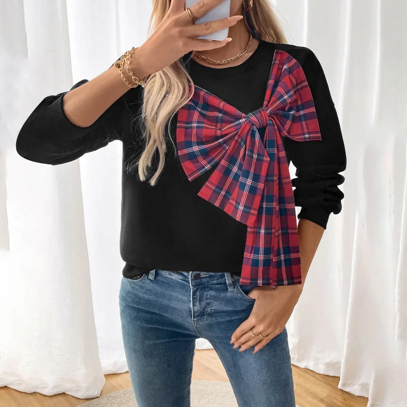 New Round Neck Plaid Patchwork Hoodie with Thick Bow Top