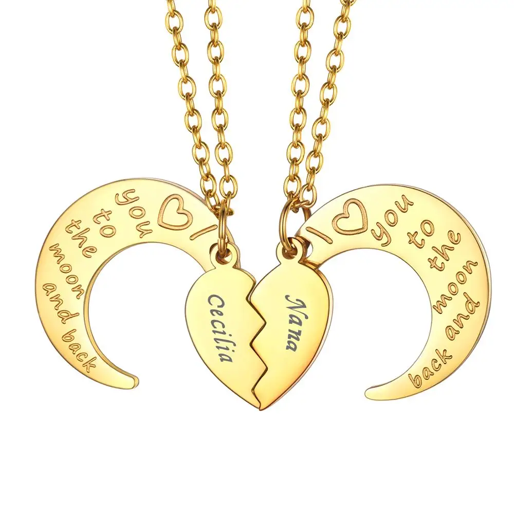 U7 Custom Laser Names Necklace 2pcs/set Stainless Steel Heart Puzzles I Love You To The Moon and Back Wing Romatic  Jewelry