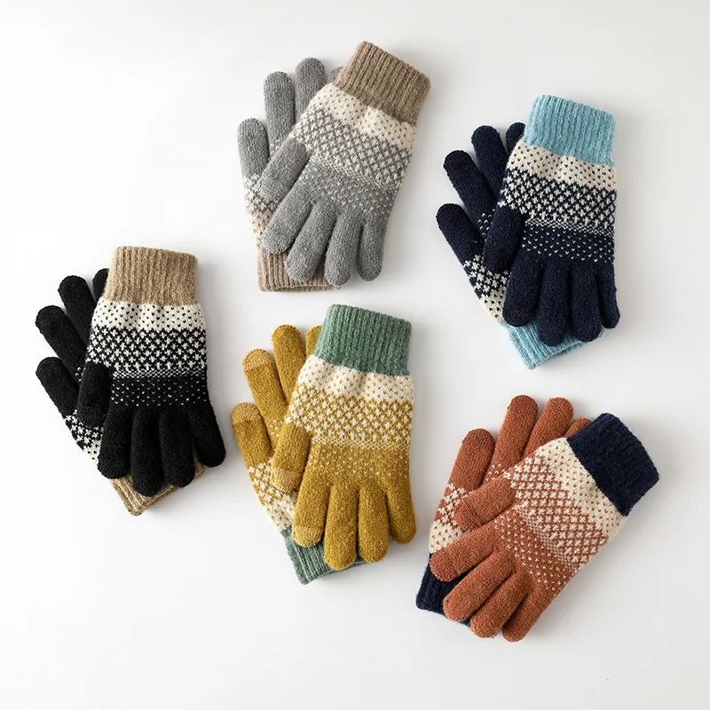 Women's Knitted Gloves Cycling Gloves Warm Thickened Anti Cold Touch Screen Finger Count Jacquard Outdoor Fashionable Gloves