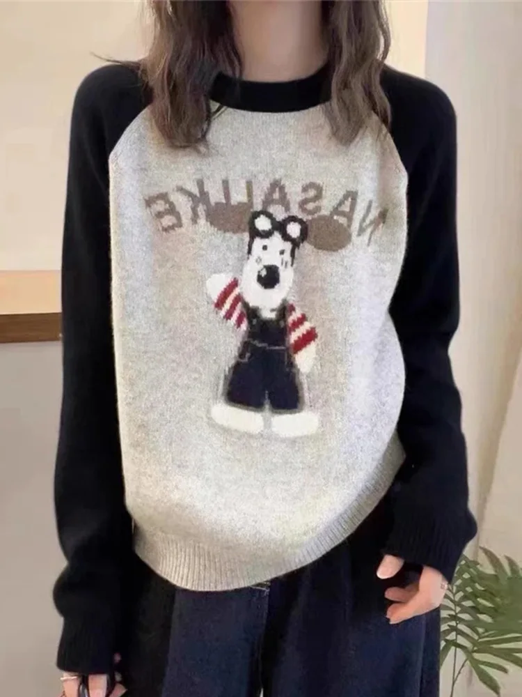 

Soft Cozy American Lazy Faion round Ne oulder Insert Cartoon Pattern Dog Sweater Women's Autumn Winter New Sle Knitte...