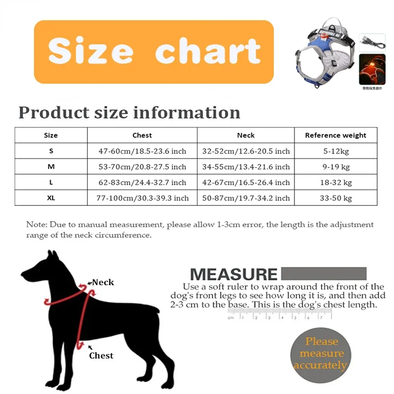 USB charged light Dog Harness Personalized dog strap vest Breathable adjustable pet strap suitable for small to medium sized dog