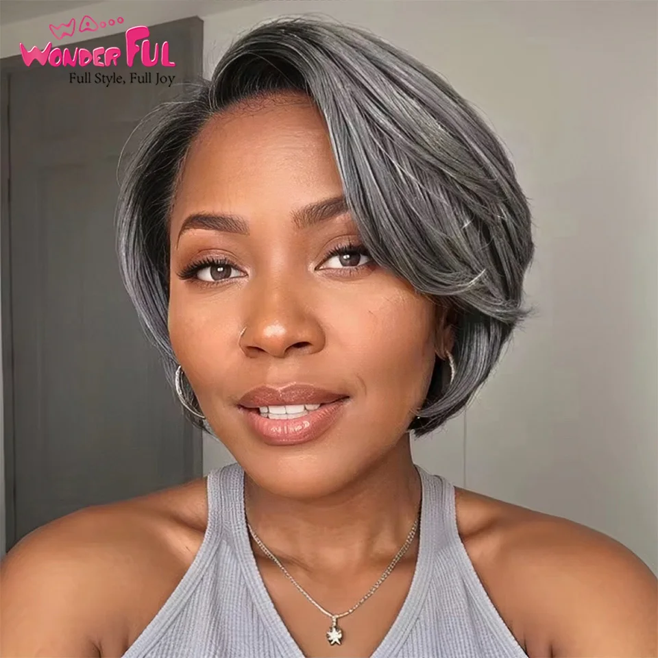 

Brazilian Remy Hair Short Pixie Cut Blonde Grey Colored Lace Human Hair Wigs With Black Root Short 613 # Lace Wigs For Women