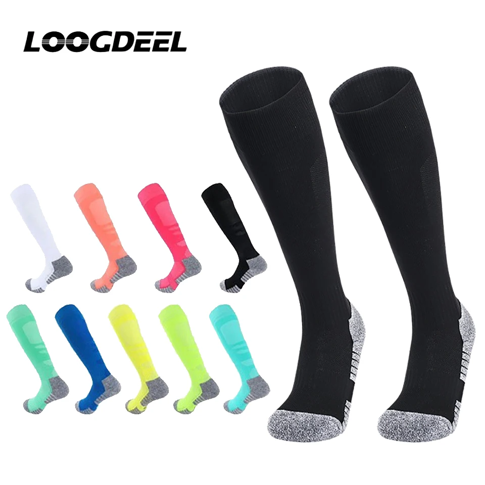 

Мужские футбольные носки Loogdeel, профессиональные тренировочные носки выше колена с подкладкой для полотенец, противоскользящие спортивные носки