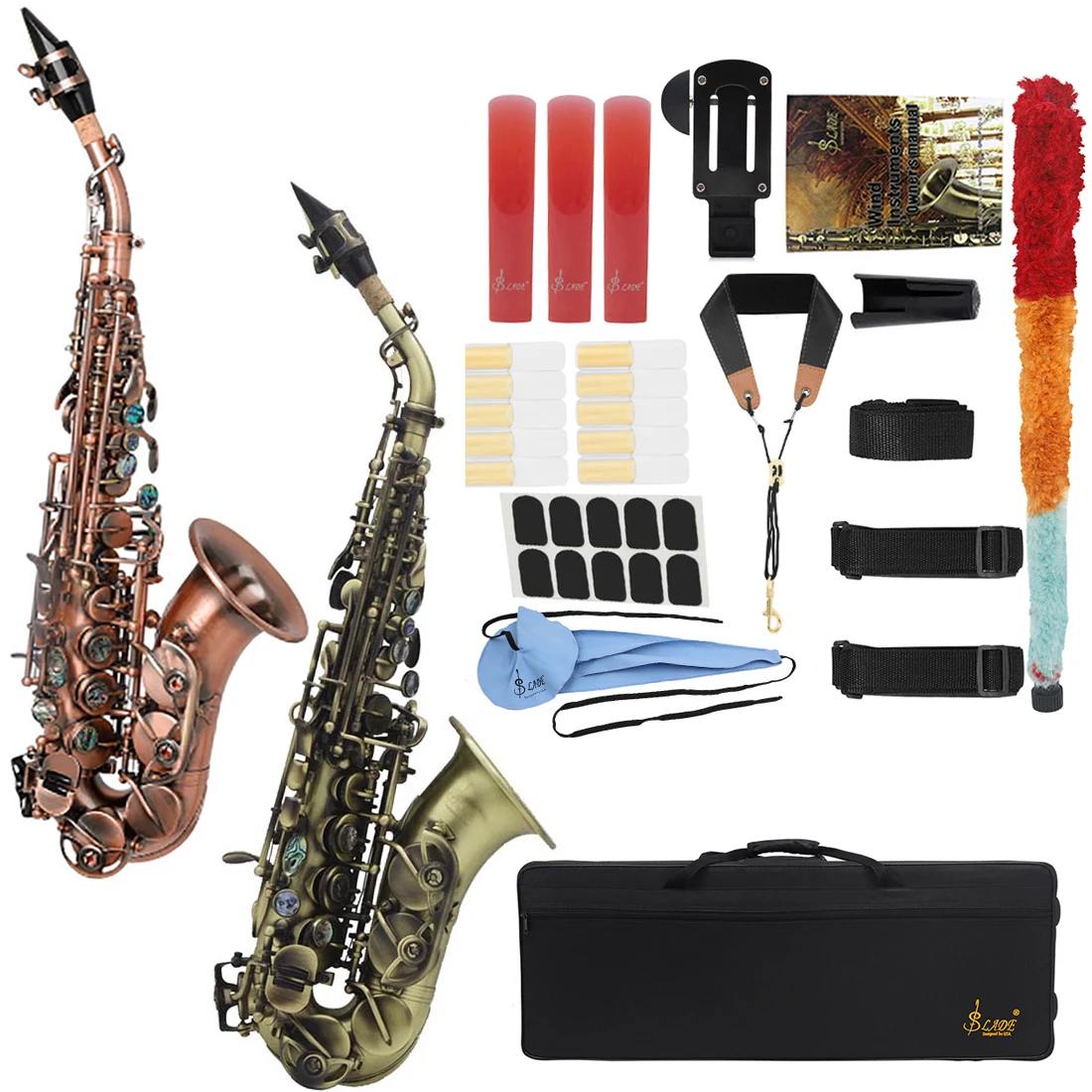 SLADE Bb Soprano Saxophone B Flat Sax Red/Cyan Antique Imitate Classical Carve Pattern Saxophone with Box Cleaning Brush Strap