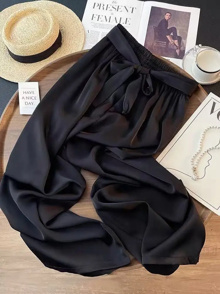 Acetat Satin Hosen Frühling und Sommer Schwarz Boden Wischen Casual Hosen Koreanische Lose Hohe Taille Büro Dame Gerade Hosen