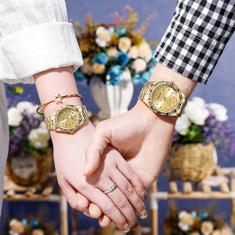 Couple Quartz Watches Ladies Male Fashion Watches Diamond Encrusted Steel Band Wristwatches Premium Gold Tone Men Women Matching