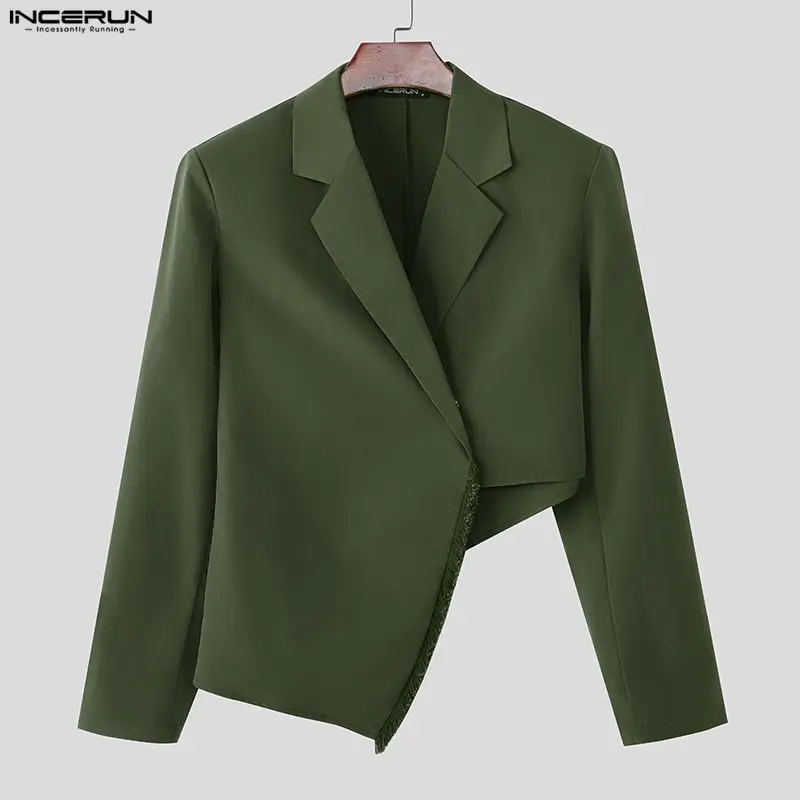 

INCERUN Men Irregular Blazer Tassel Patchwork Lapel Long Sleeve Button Male Suit Streetwear Fashion Casual Thin Coats Men S-5XL