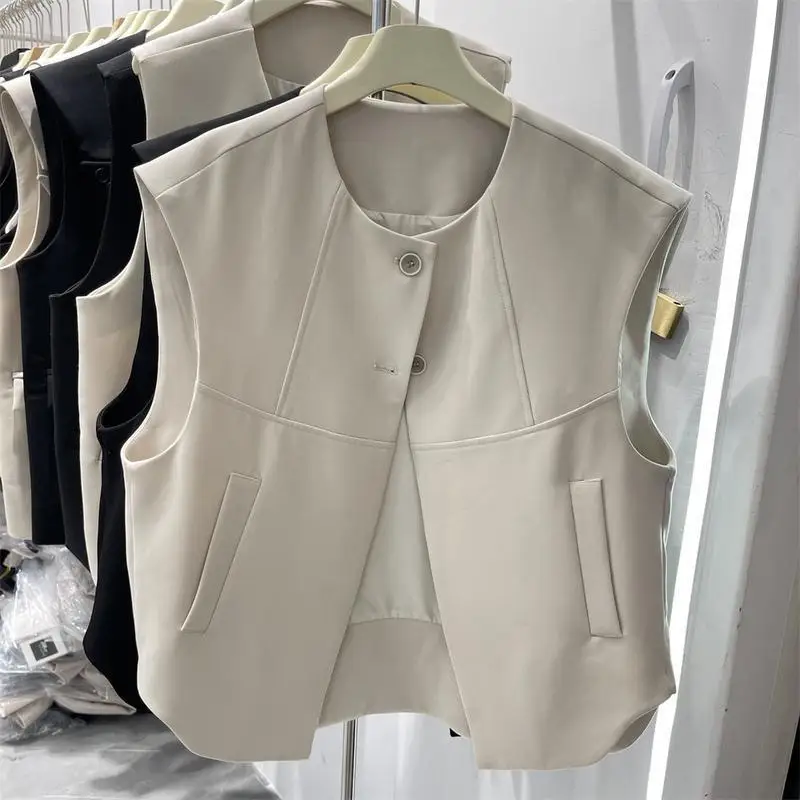 

Fashion Design Vests Coats Solid Color Pockets Patchwork O Neck Sleeveless Jackets All Match Tops 2025 Autumn New Women Clothing