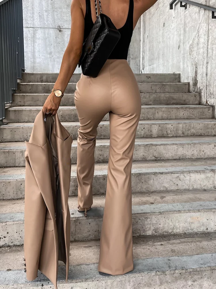 High Waist Women Vintage Solid Flare Pants Elegant Office Lady Open Fork Trousers All Season Sexy Streetwear Slim PU Long Pants