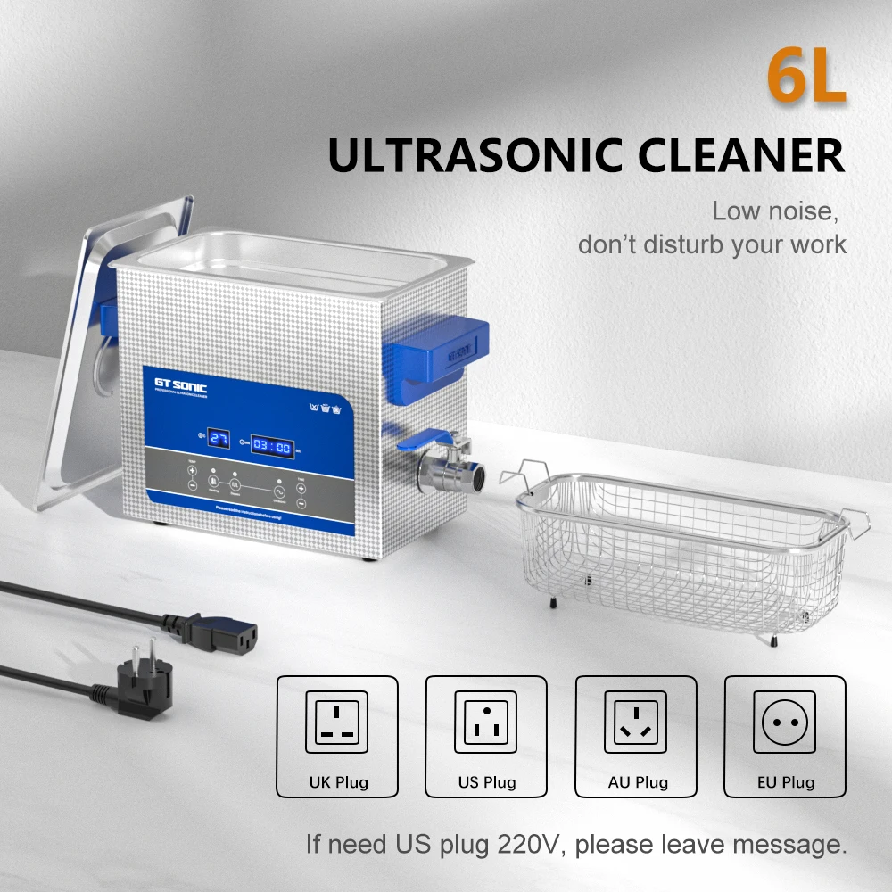 Digital Ultrasonic Cleaner Bath 6L 150W Stainless Tank Degas Timer Heater Remove Rust Oil Degreaser Fuel Nozzle Ultrasound Clean