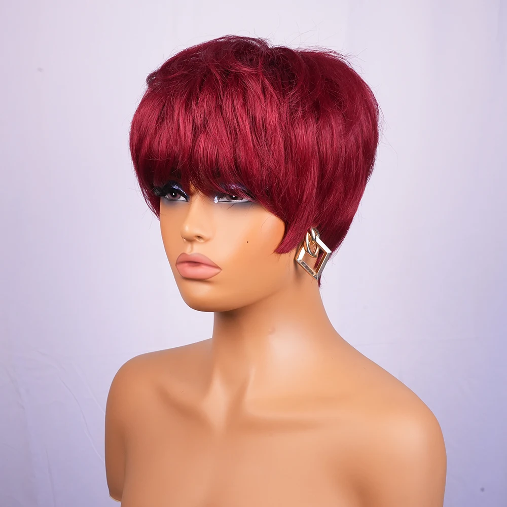 Peruka z ludzkich włosów dla kobiet, krótka, prosta, w kolorze różowej czerwieni, typu pixie cut, wykonana w całości maszynowo, z warstwowymi grzywkami.