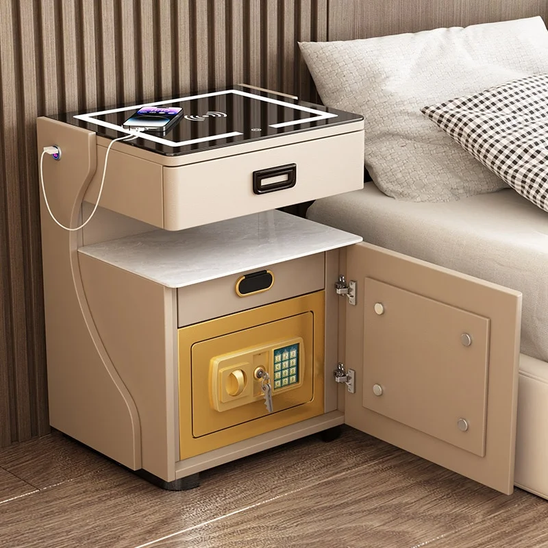 Smart Minimalist Modern MDF Glass Bedside Cabinet Wireless Charging Integrated Safe Storage LED Light Luxury Design for Dining