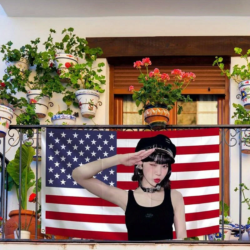 Bold and eye-catching tapestry, with a person dressed in black standing against the backdrop of the American flag