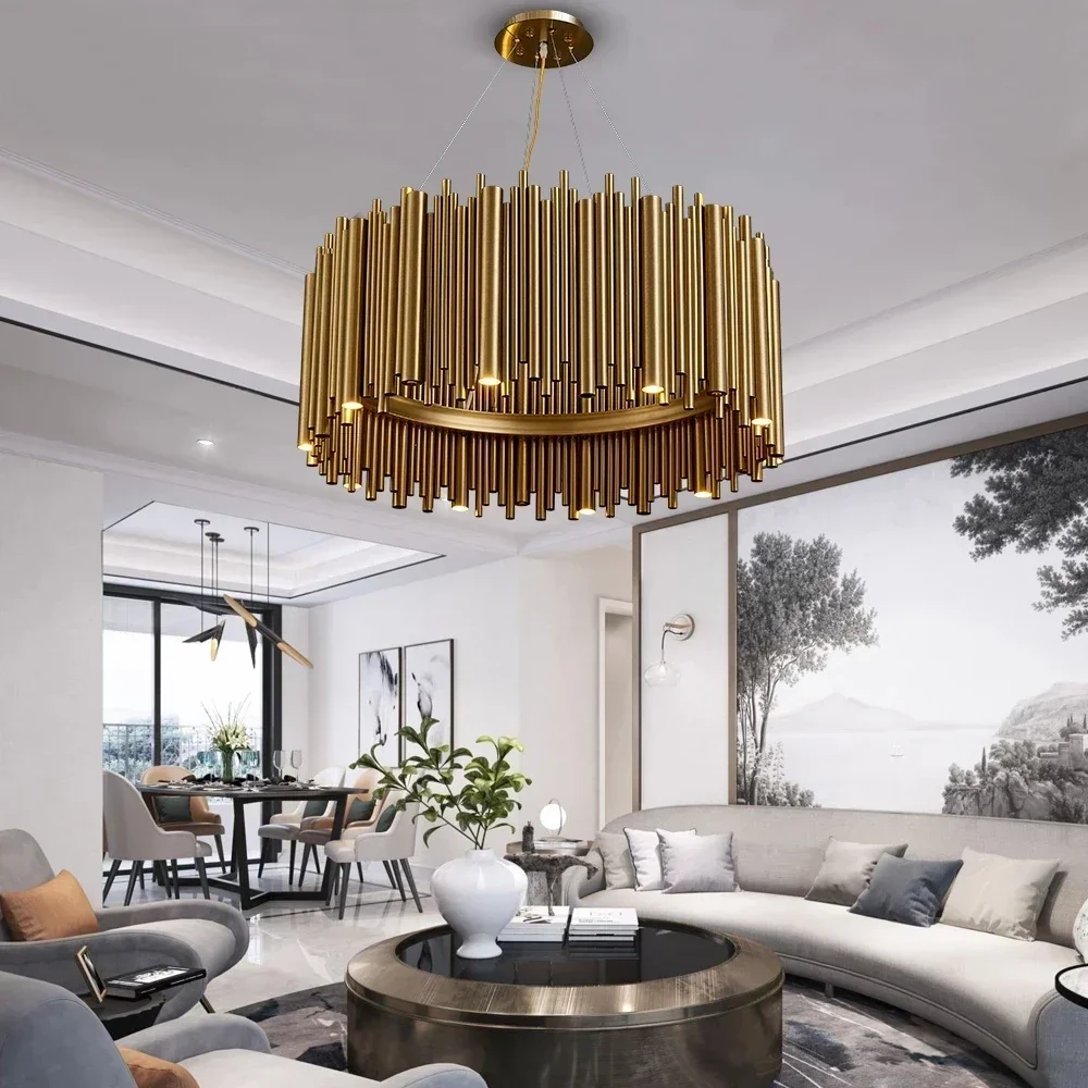 

GHJUYIOL YECTSKI Luxury Gold Chandelier For Living Room Modern LED Home Decor Hanging Lamp Stainless Steel Round Creative Design