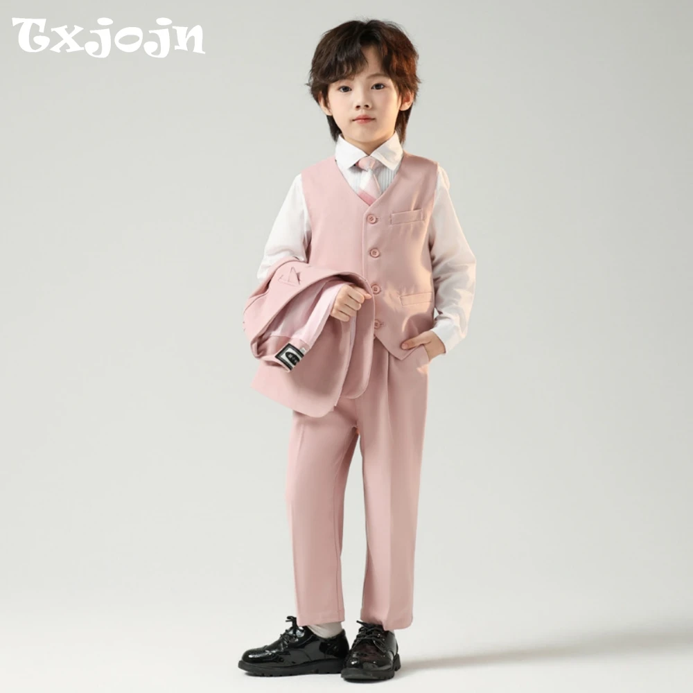 

Txjojn 4 Colors Boys Slim Fit Suits 4 Pieces Jacket Vest Pants Tie Piano Contest Performance Casual Autumn Kids Suit Set