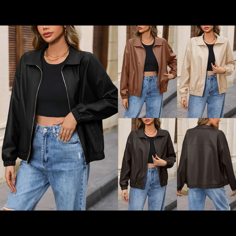 

Women's Casual Long Sved Leather Jaet with Collar Zipper Sle Commute Faion Winter Season Other Material 00%