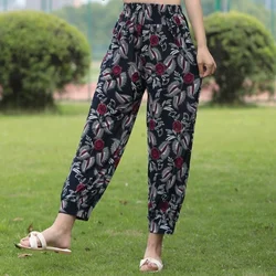 Middle Aged Women Loose Thin Floral Print Trousers XL-5XL Spring Summer Casual Elastic High Waist Harem Pants