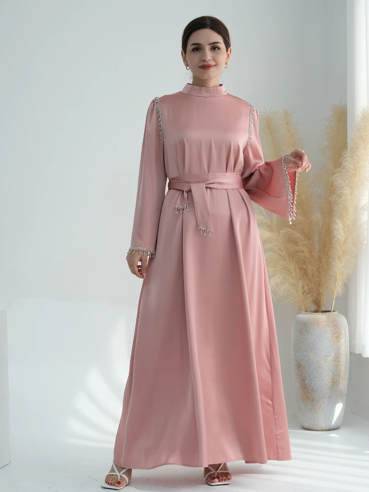 Eid Ramadan Muslim Women Dresses Party Abaya Diamond Long Dress Belt Morocco Kaftan Satin Vestidos Dubai Turkey Robe Jalabiya