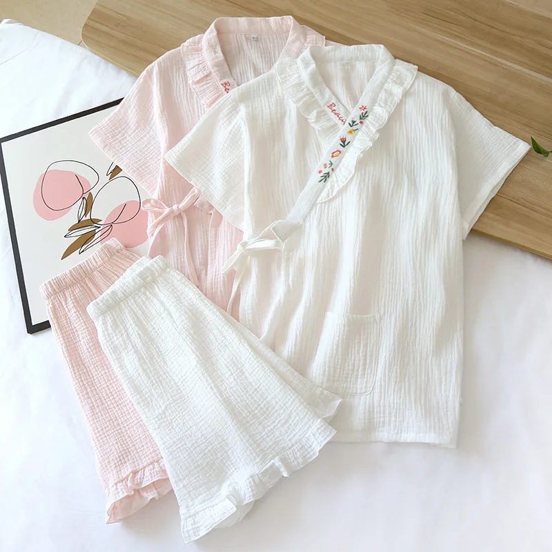 

Summer new Japanese kimono suit ladies pajamas short-sleeved shorts two-piece set 100% cotton crepe sweet lace home wear women