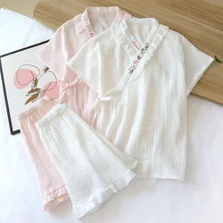 Novedad de verano, traje de kimono japonés, pijamas para mujer, pantalones cortos de manga corta, conjunto de dos piezas, 100% crepé de algodón, ropa de hogar de encaje dulce para mujer