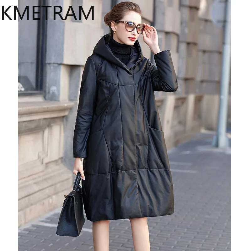 100% Sheepskin Puffer Jacket Women Mid Length Genuine Leather Down Coats with Hood 2025 Winter Clothes Woman Пуховик Женский
