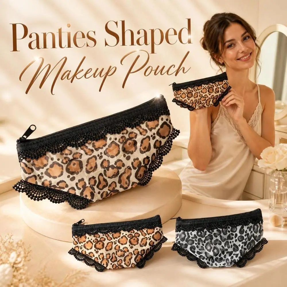 Leopard Print Panties Shaped Makeup Pouch Zippered Portable Mesh Cosmetic Bag Lace Trimmed Lightweight Storage Pouch Travel