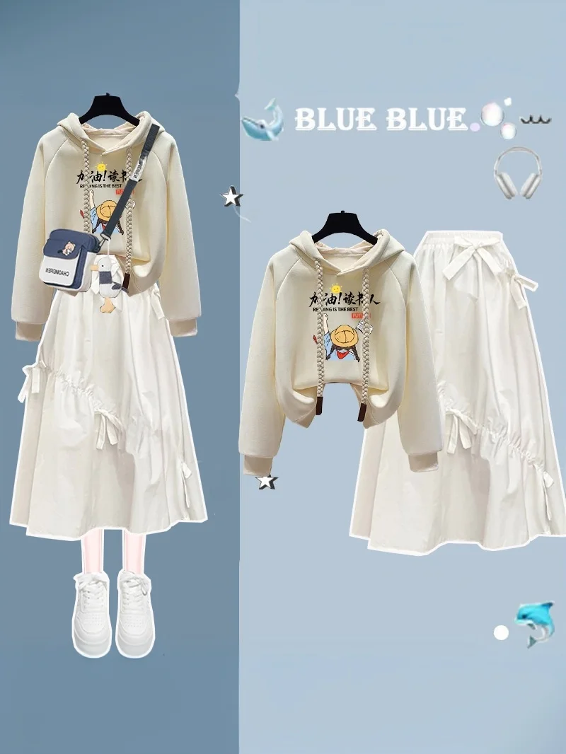

College Style Sweatshirt Dress Set for Small Girls Spring Autumn Fairy Skirt Long Sleeve Hooded Polyester Two Piece Outfit