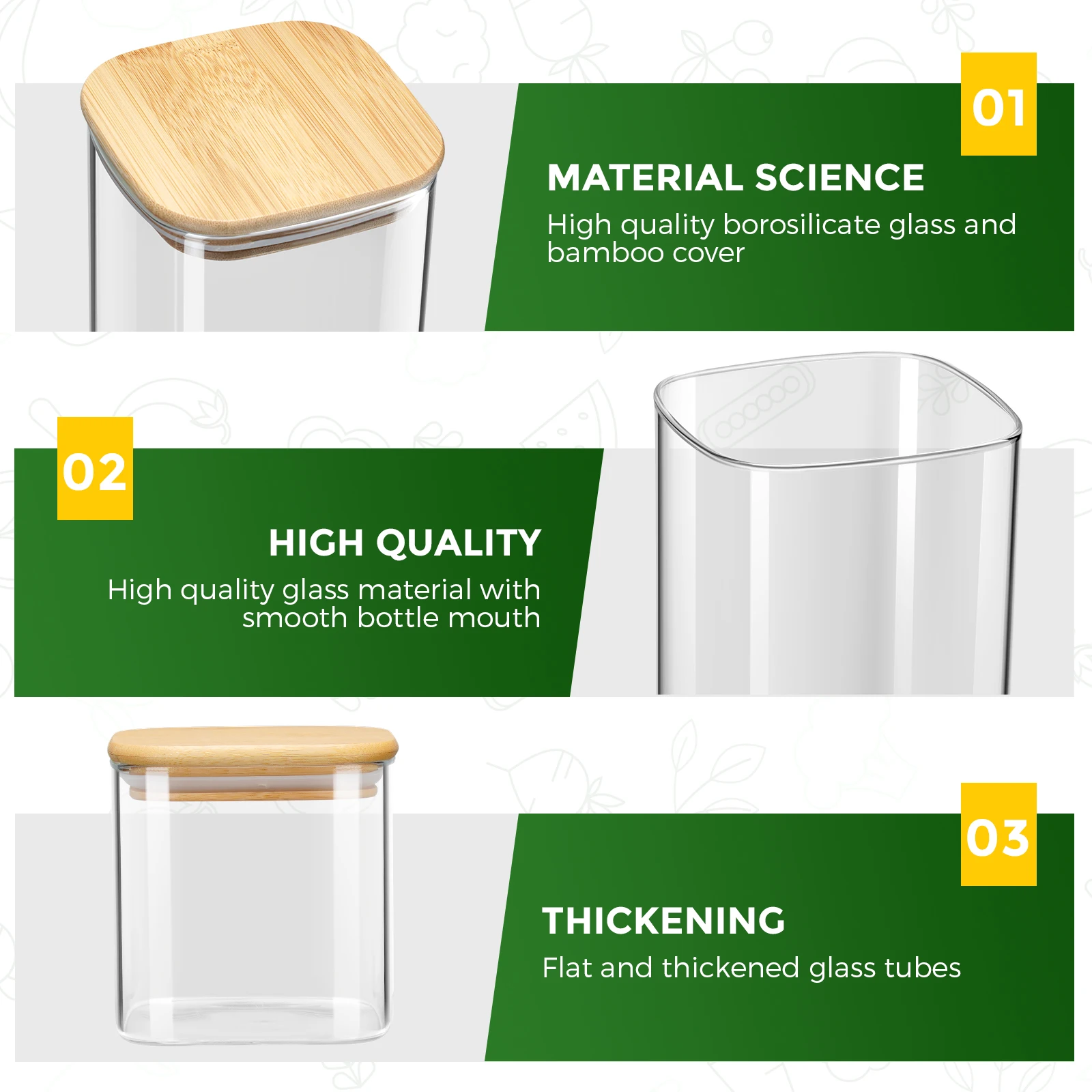 12Pcs Square Glass Food Storage Jars 430ml/600ml Bamboo Lid Transparent Sealed Stackable Canisters for Kitchen Organization 5