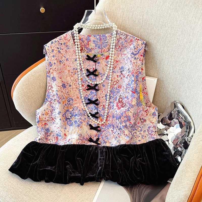 

Новый китайский бархатный лоскутный жилет Sle Svel, женская верхняя одежда, модный многослойный круглый топ на пуговицах