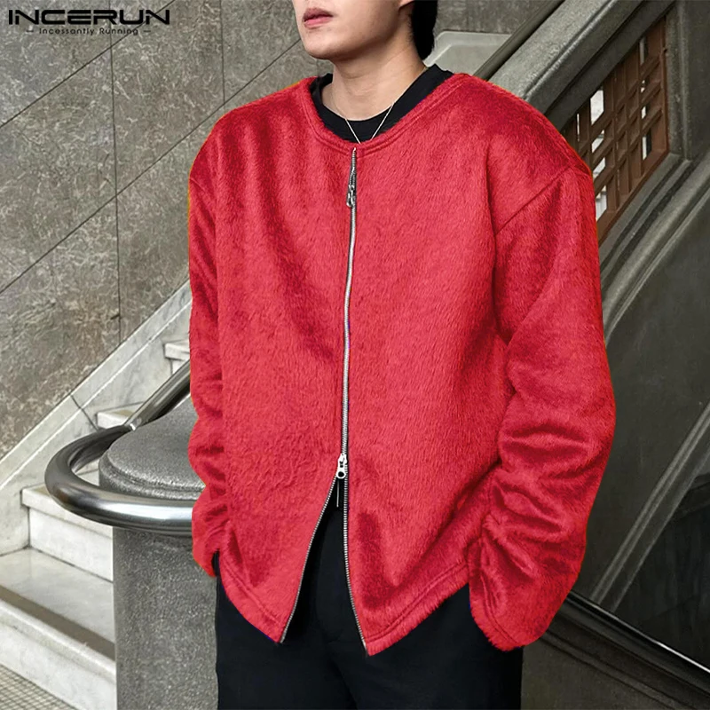 

INCERUN Plush Men Jackets 2025 Long Sleeve Spring Autumn Solid Color Coats Zipper Open Up Tops Handsome Oversized Jackets Men
