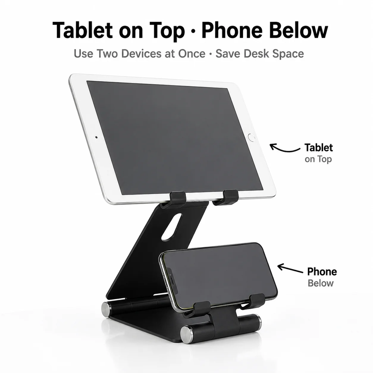 2-in-1 Dual Layer Foldable Aluminum Phone Tablet Stand, Multi-Angle Adjust Desk Holder for iPad iPhone Android Devices