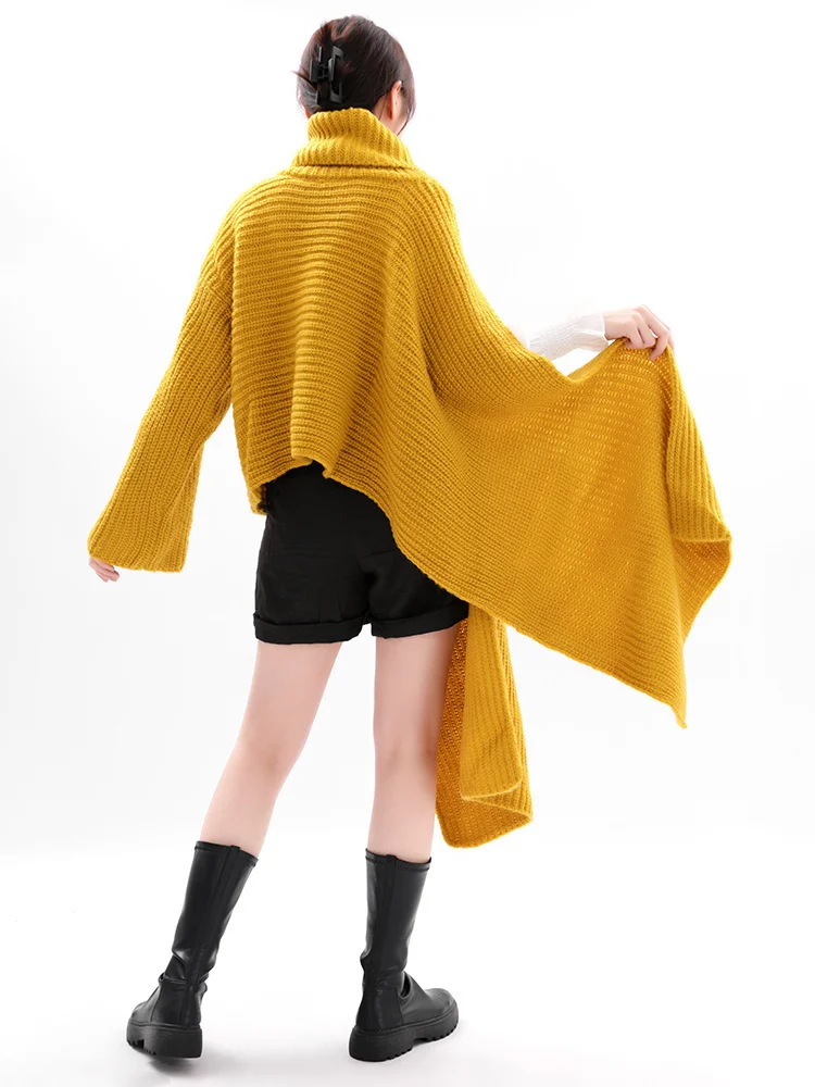 [EAM] Yellow Irregular Big Size Knitting Sweater Turtleneck Long Sleeve Women Pullovers New Fashion Spring Autumn 2024 WJ03816M